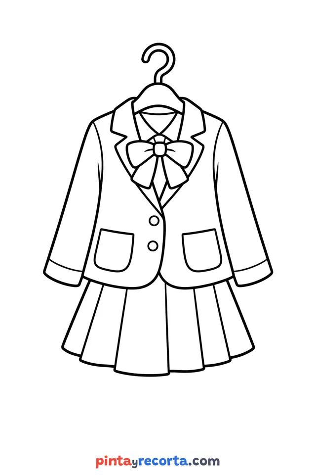 Uniform coloring page: a school uniform on its hanger, easy level with thick outlines and big spaces