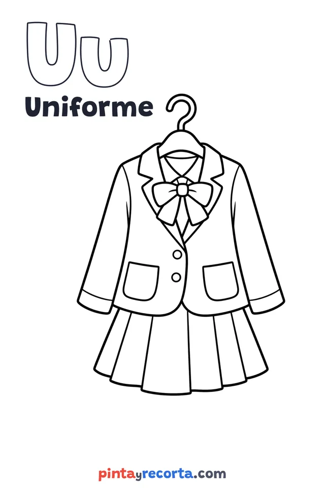 Dibujo de uniforme para colorear con la letra Uu y la palabra Uniforme, nivel básico