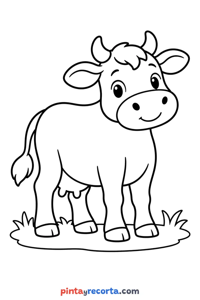 Dibujo de vaca para colorear de cuerpo completo en pose tranquila, nivel básico con trazos gruesos y áreas grandes