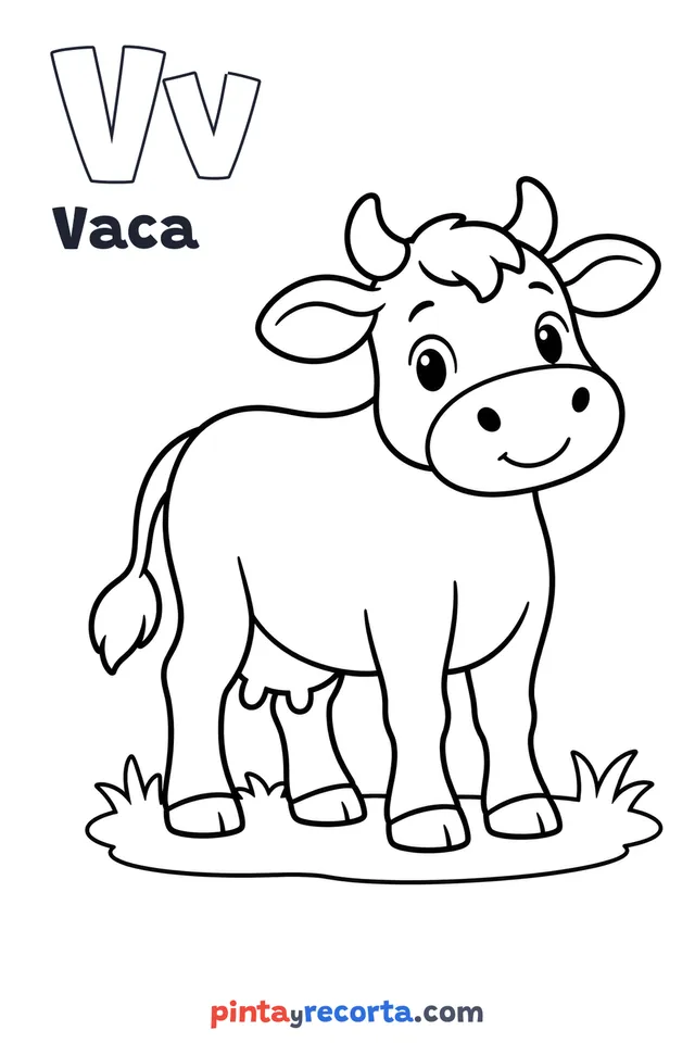 Dibujo de vaca para colorear con la letra Vv y la palabra Vaca, nivel básico