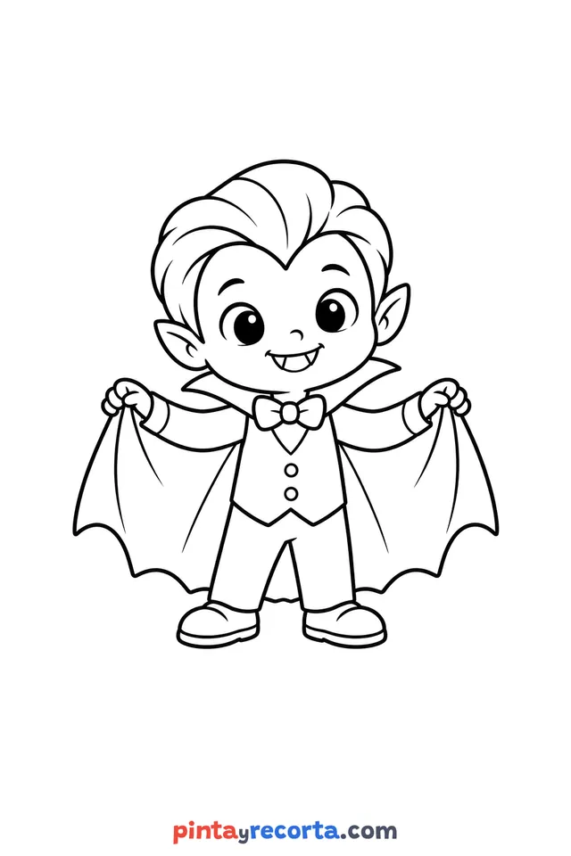 Dibujo de vampiro de Halloween para colorear, nivel básico con trazos gruesos y áreas grandes