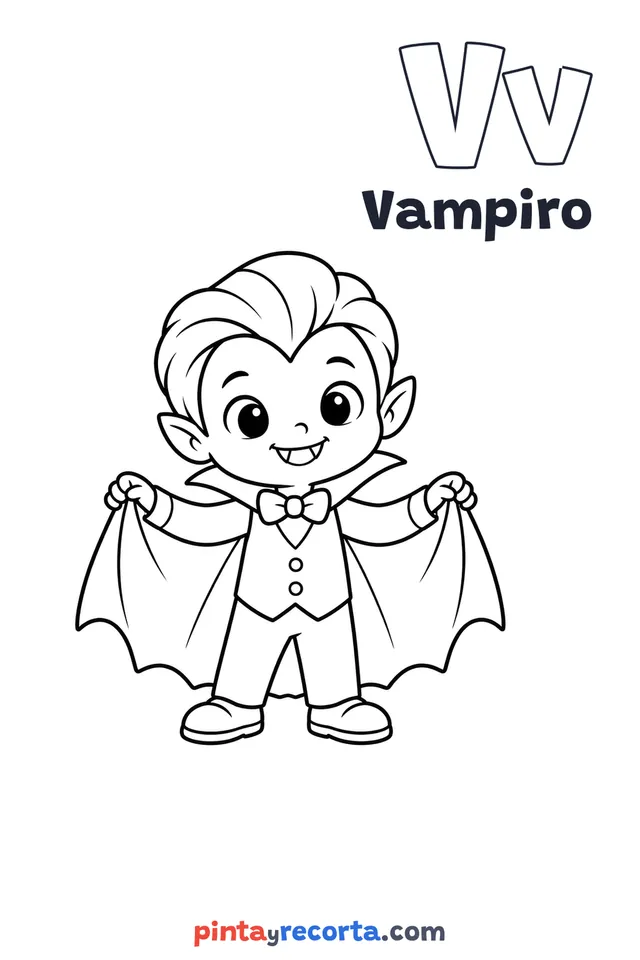 Dibujo de vampiro para colorear con la letra Vv y la palabra Vampiro, nivel básico