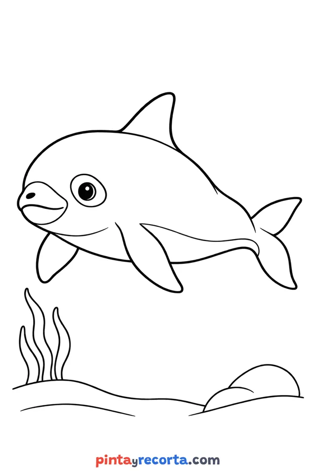 Dibujo de vaquita marina para colorear de cuerpo completo en pose tranquila, nivel básico con trazos gruesos y áreas grandes