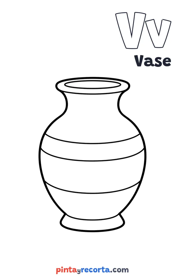 Vase coloring page with the letter Vv and the word Vase, easy level