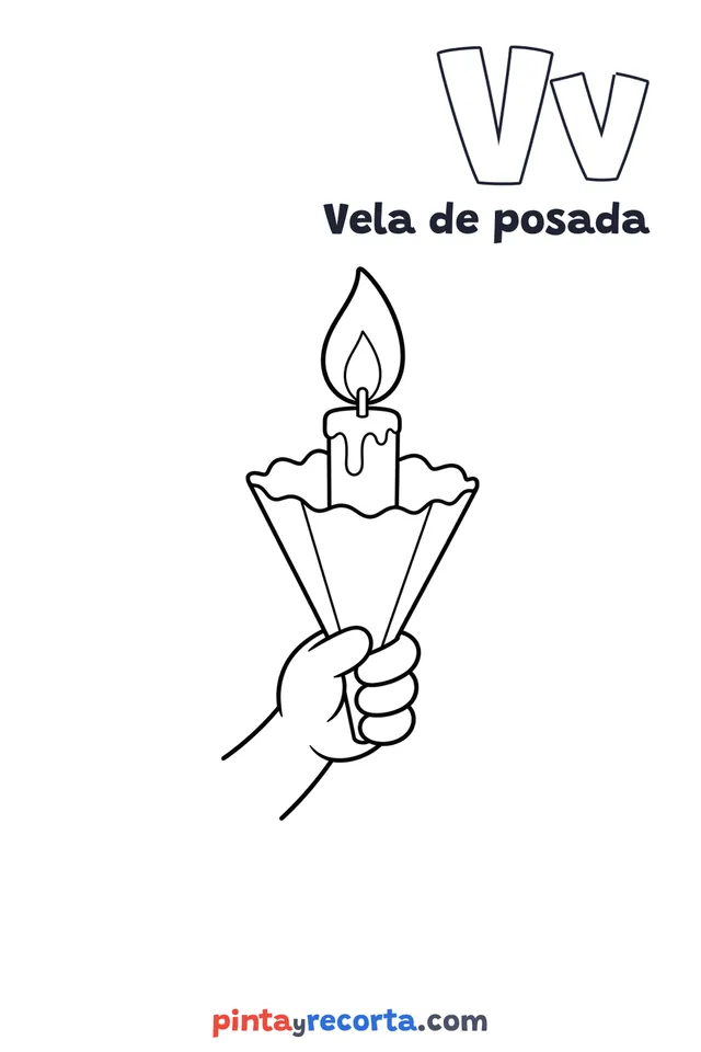 Dibujo de vela de posada para colorear con la letra Vv y la palabra Vela de posada, nivel básico
