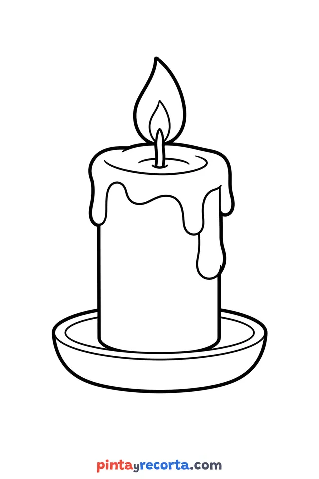 Dibujo de vela para colorear encendida sobre su platito, nivel básico con trazos gruesos y áreas grandes