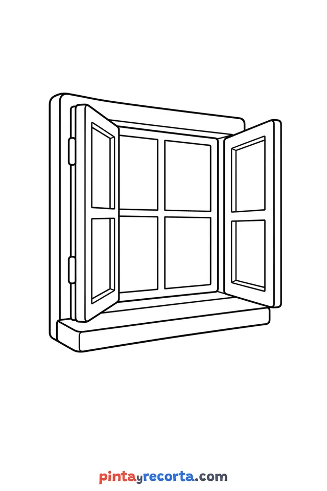 Dibujo de ventana para colorear abierta de par en par, nivel básico con trazos gruesos y áreas grandes