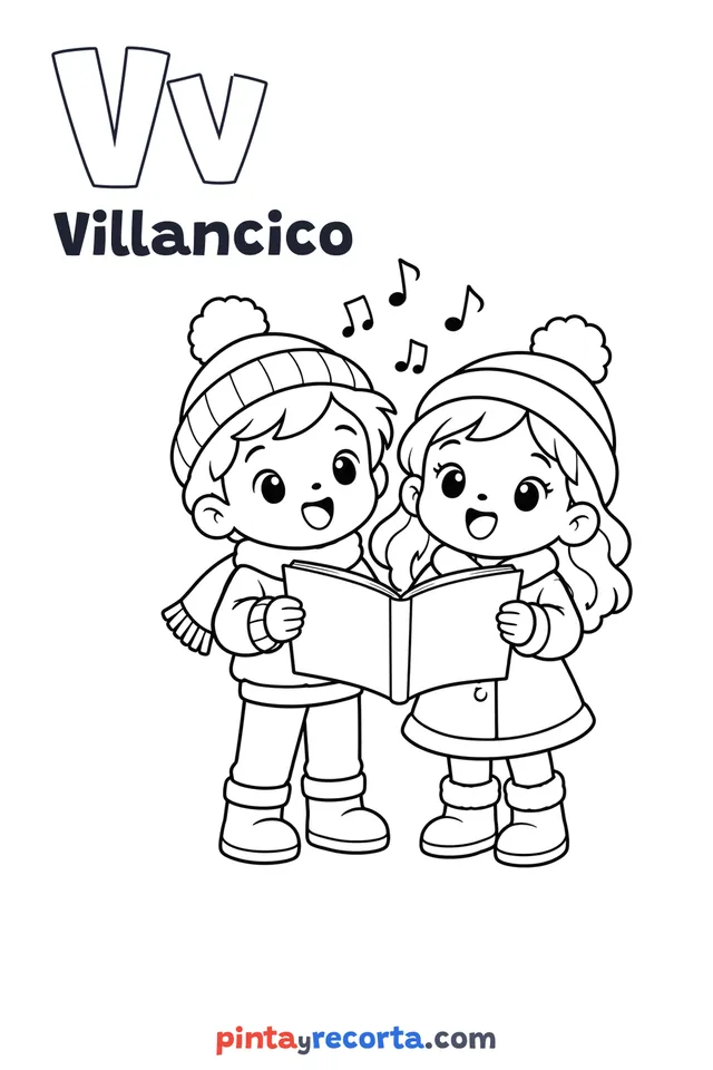 Dibujo de villancico para colorear con la letra Vv y la palabra Villancico, nivel básico