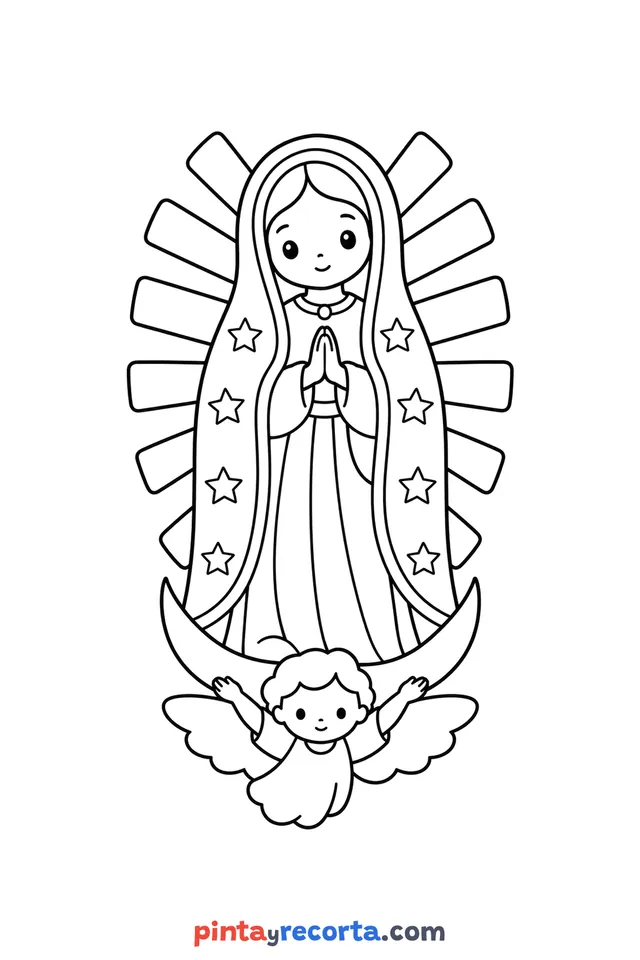 Dibujo de Virgen de Guadalupe para colorear, nivel básico con trazos gruesos y áreas grandes
