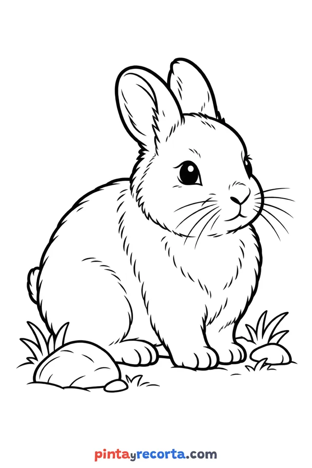 Volcano rabbit coloring page: full-body volcano rabbit in a calm pose, easy level with thick outlines and big spaces