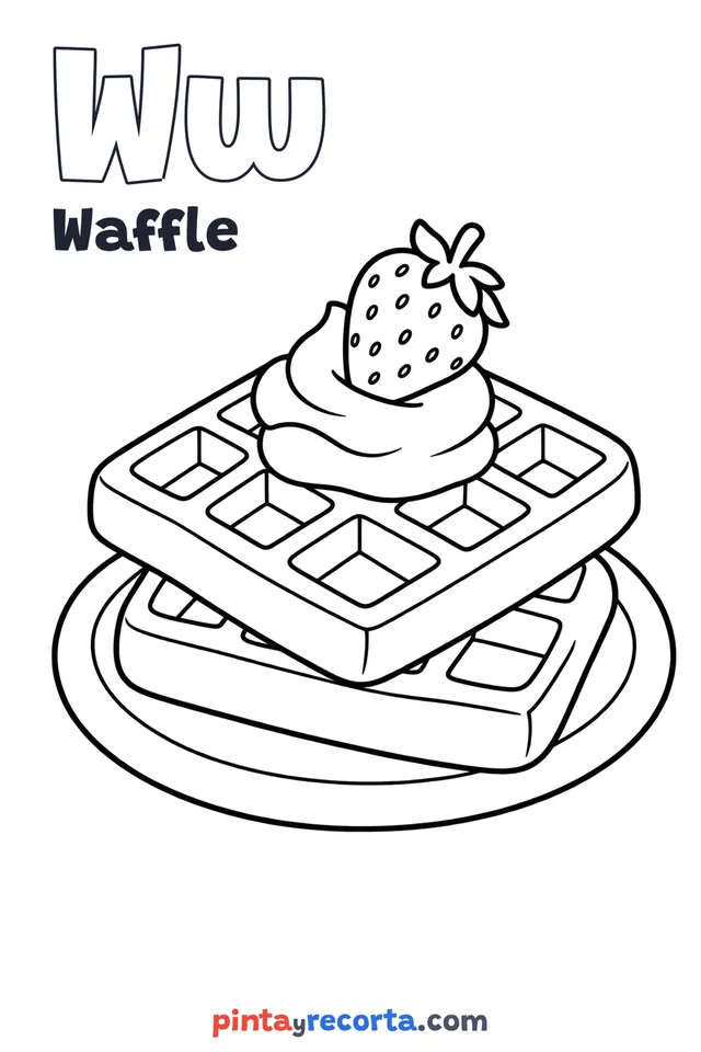 Dibujo de waffle para colorear con la letra Ww y la palabra Waffle, nivel básico
