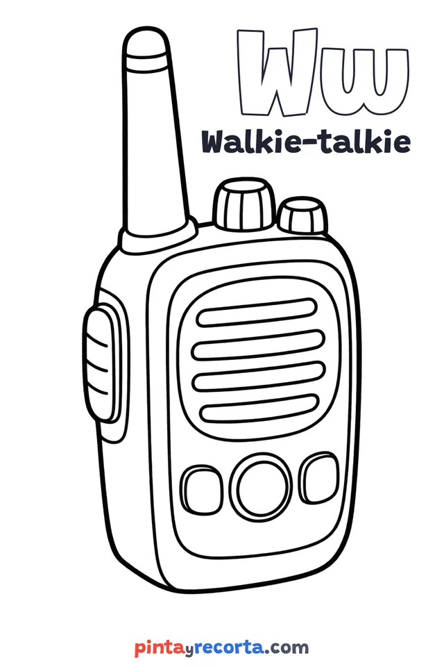 Dibujo de walkie-talkie para colorear con la letra Ww y la palabra Walkie-talkie, nivel básico
