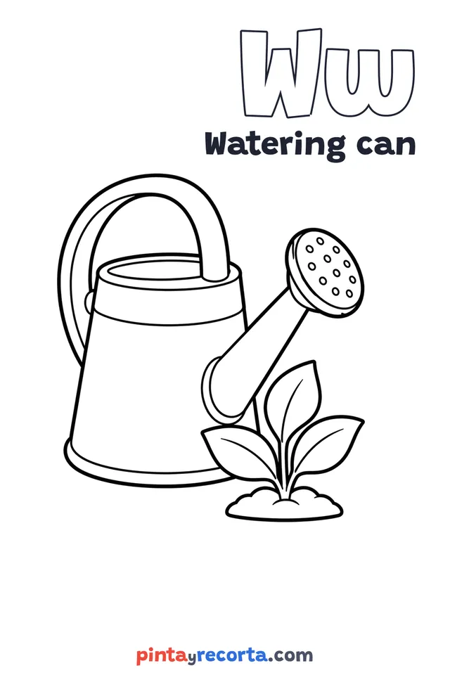 Watering can coloring page with the letter Ww and the word Watering can, easy level