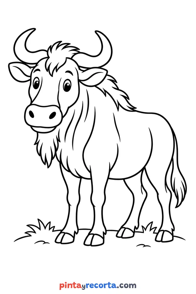 Wildebeest coloring page: full-body wildebeest in a calm pose, easy level with thick outlines and big spaces