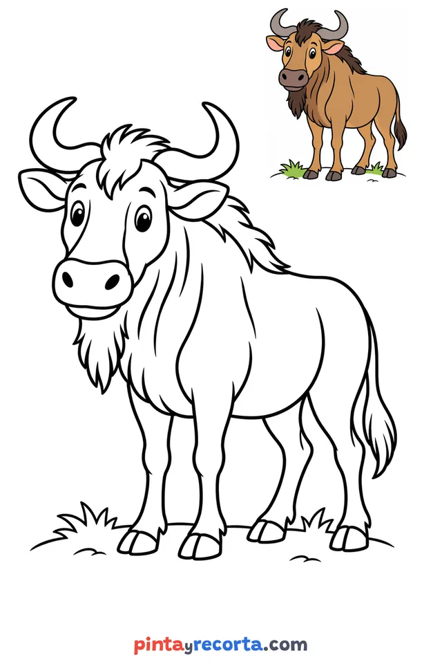 Wildebeest coloring page with a small color guide, easy level