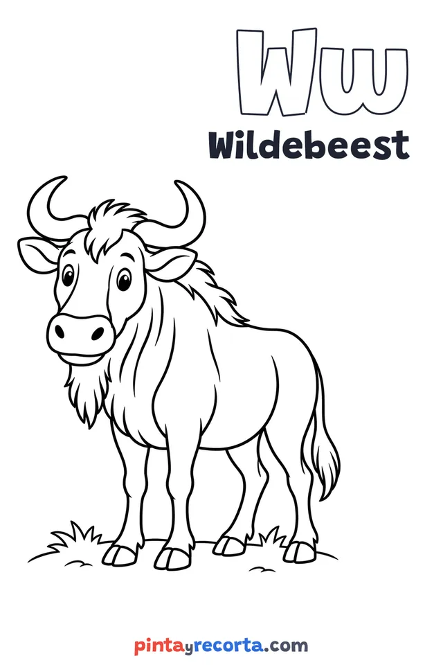 Wildebeest coloring page with the letter Ww and the word Wildebeest, easy level