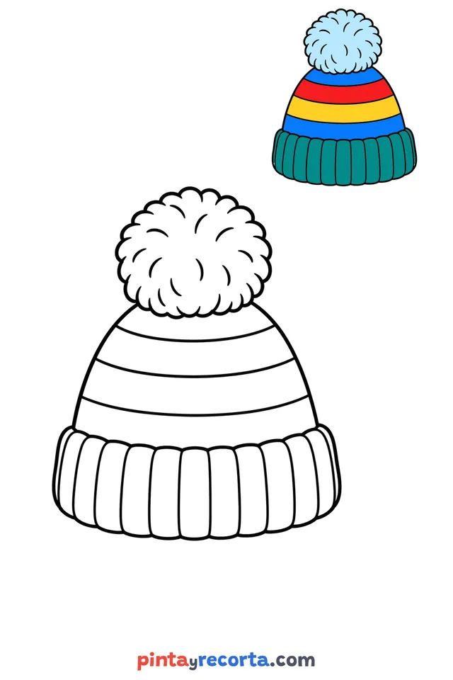 Winter hat coloring page with a small color guide, easy level