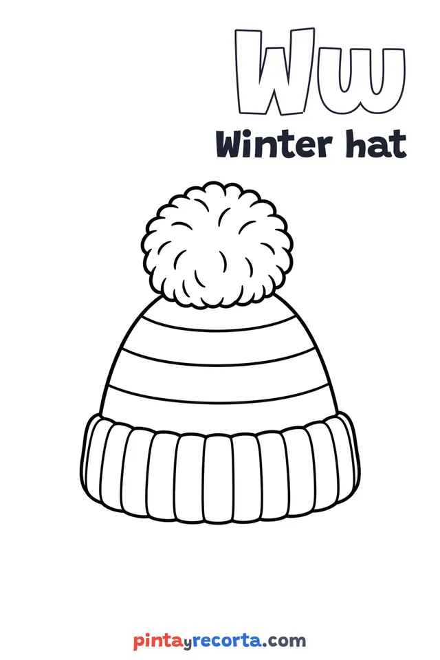Winter hat coloring page with the letter Ww and the word Winter hat, easy level