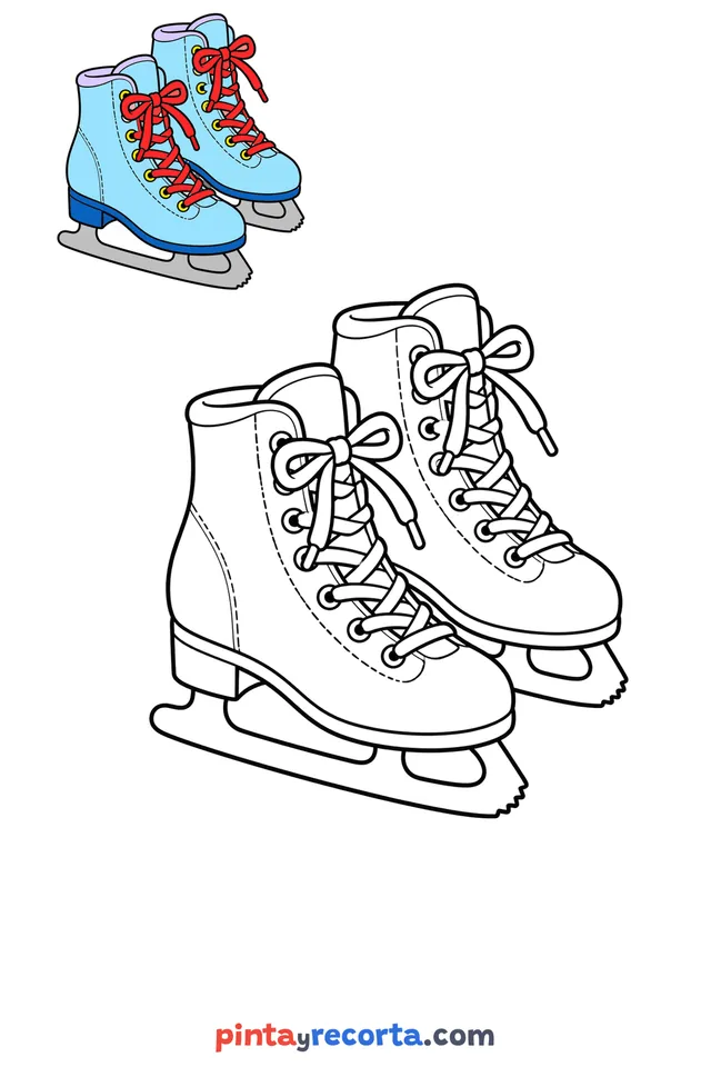 Ice skates coloring page with a small color guide, easy level