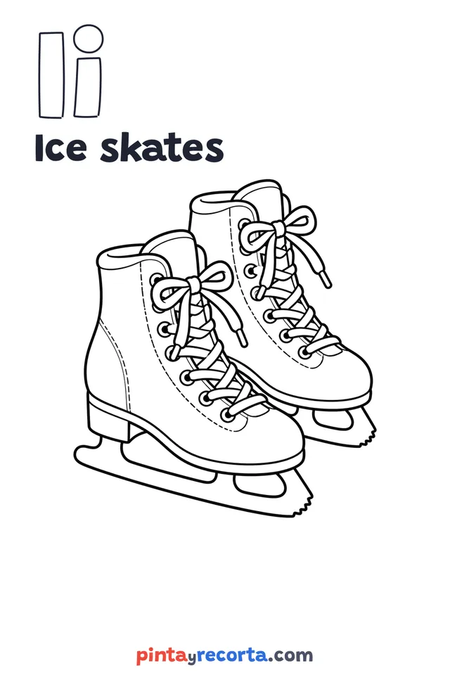 Ice skates coloring page with the letter Ii and the word Ice skates, easy level