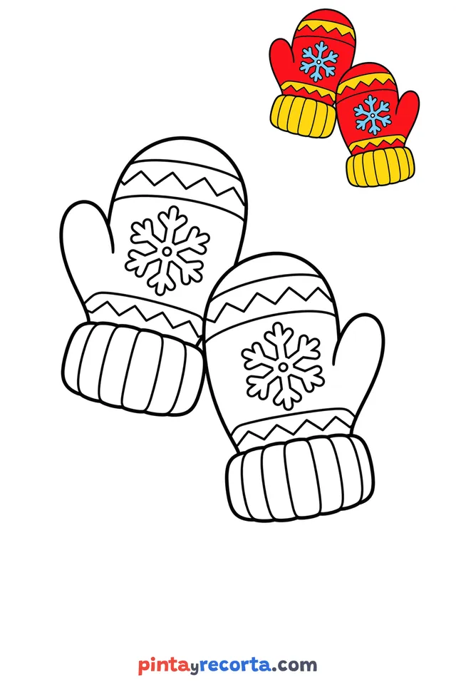Mittens coloring page with a small color guide, easy level