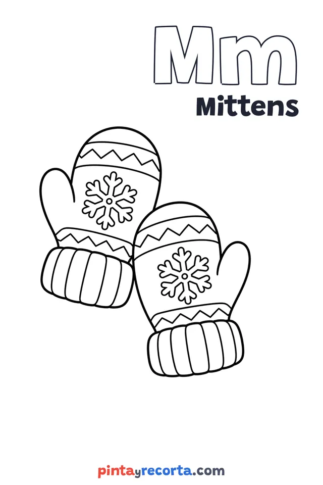 Mittens coloring page with the letter Mm and the word Mittens, easy level
