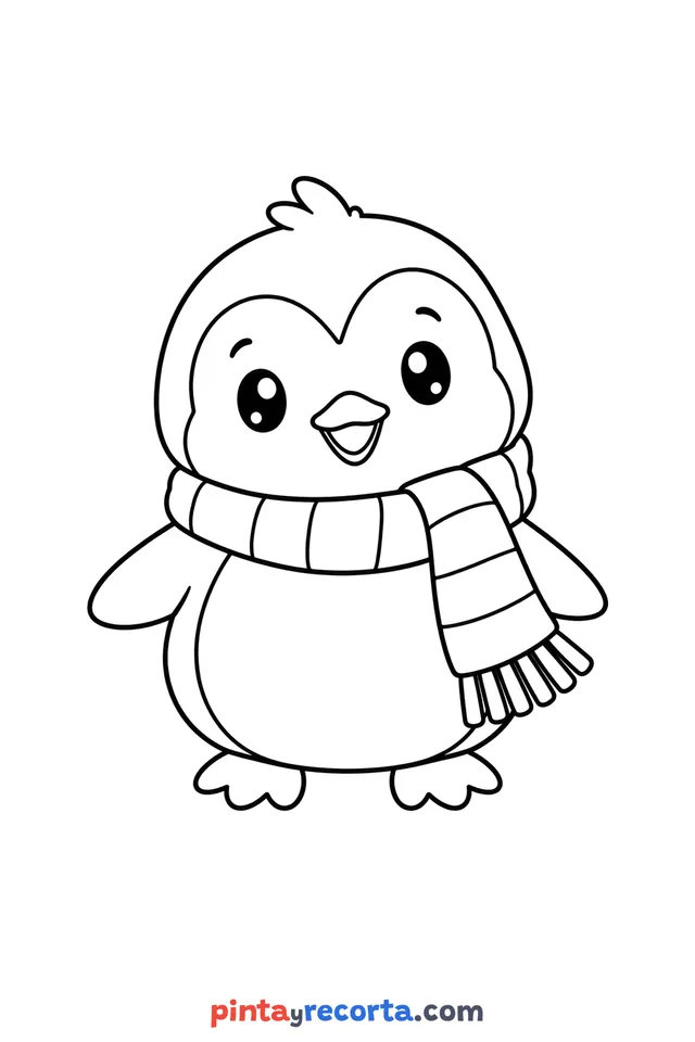 Winter penguin coloring page, easy level with thick outlines and big spaces