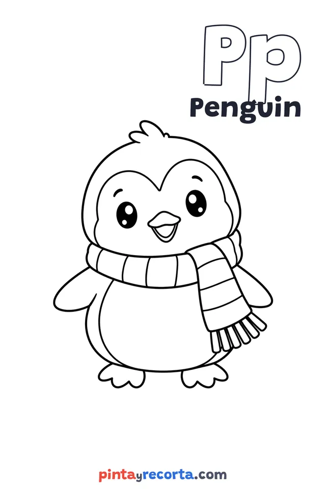 Penguin coloring page with the letter Pp and the word Penguin, easy level