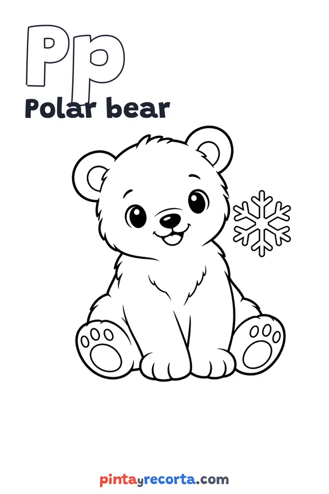 Polar bear coloring page with the letter Pp and the word Polar bear, easy level
