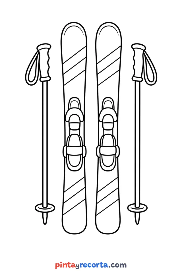 Winter skis coloring page, easy level with thick outlines and big spaces