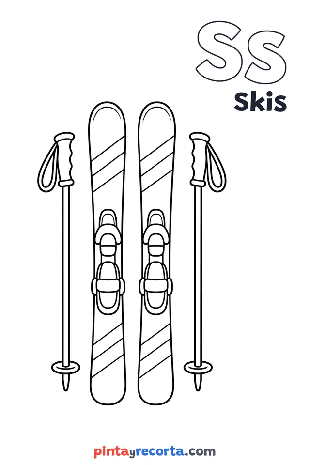 Skis coloring page with the letter Ss and the word Skis, easy level