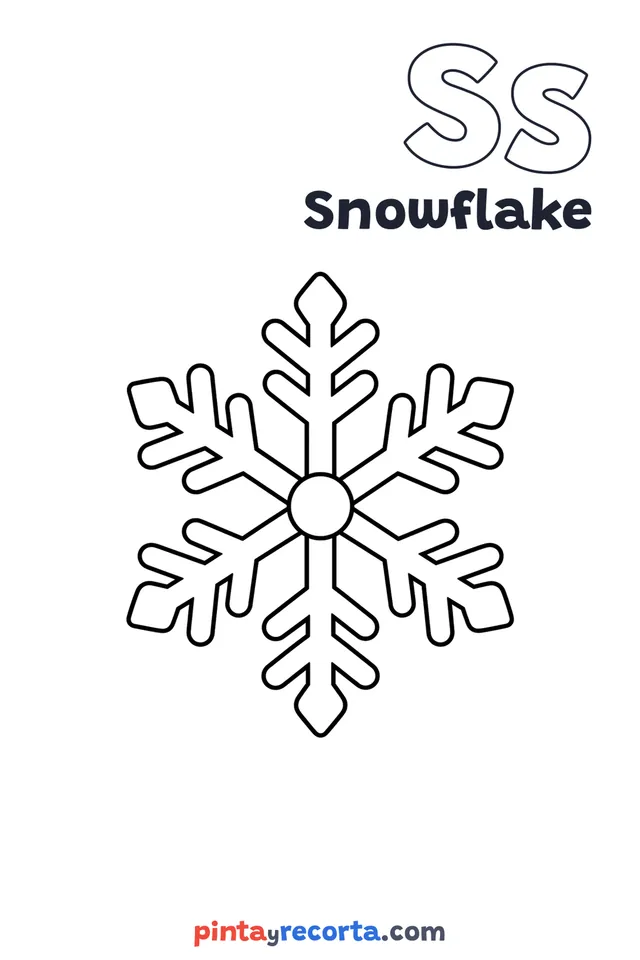 Snowflake coloring page with the letter Ss and the word Snowflake, easy level