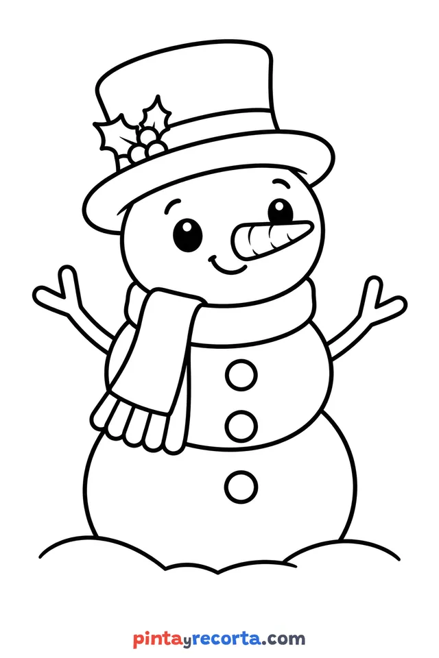 Winter snowman coloring page, easy level with thick outlines and big spaces