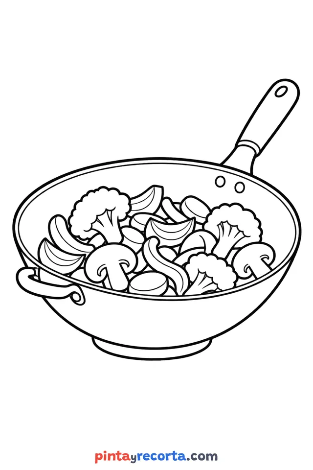 Wok coloring page: wok in three-quarter view, easy level with thick outlines and big spaces