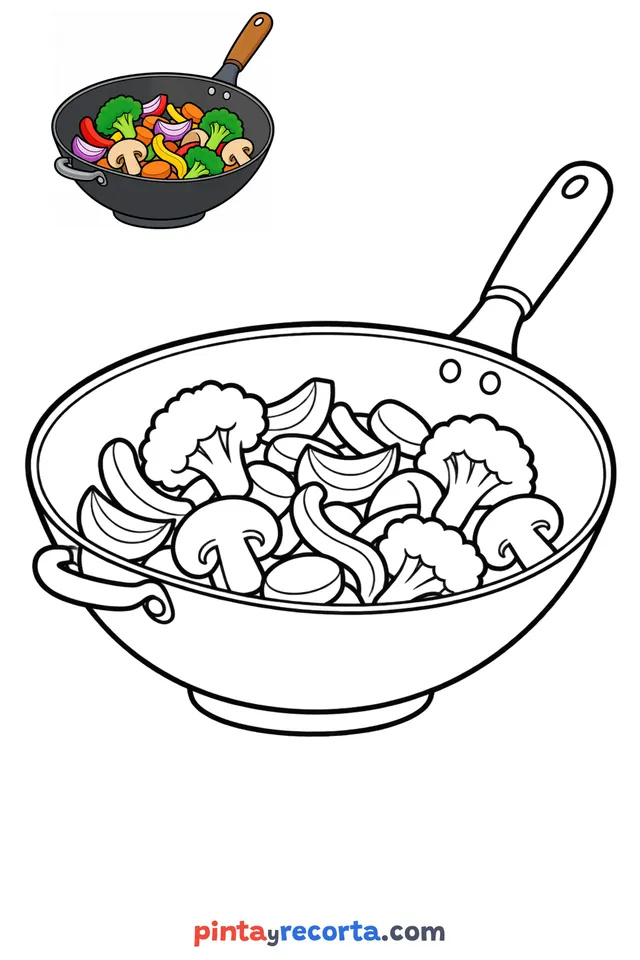 Dibujo de wok para colorear con una guía de color en miniatura, nivel básico