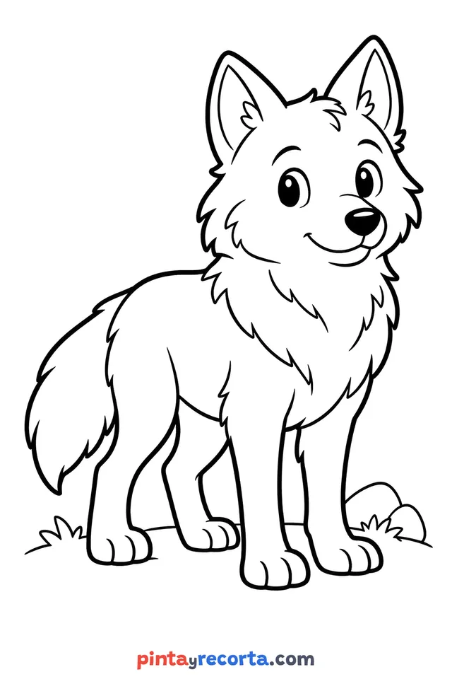 Wolf coloring page: full body in a calm pose, easy level with thick outlines and big spaces