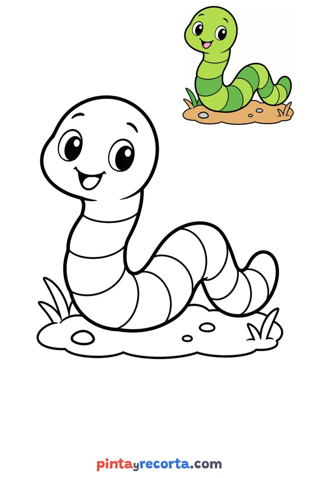 Worm coloring page with a small color guide, easy level