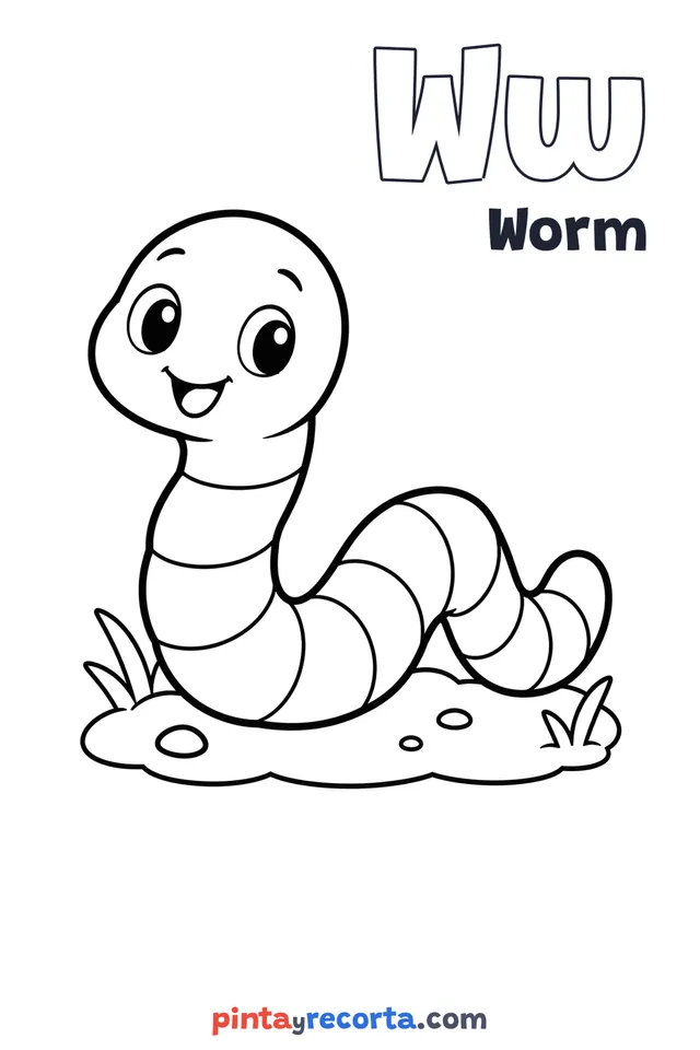 Worm coloring page with the letter Ww and the word Worm, easy level