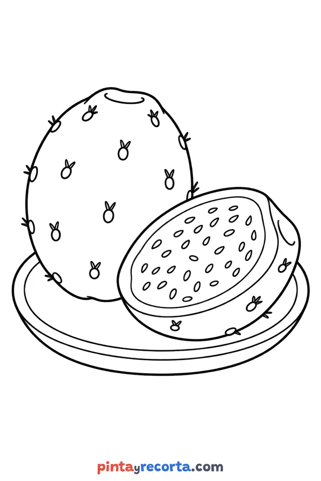 Dibujo de xoconostle para colorear sobre un plato, nivel básico con trazos gruesos y áreas grandes