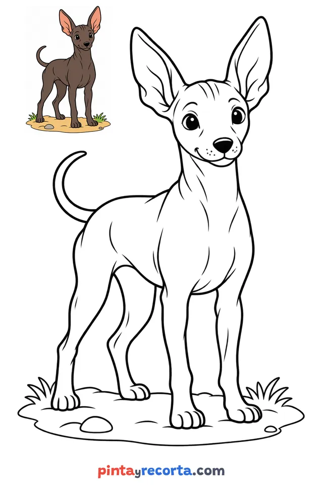 Xoloitzcuintli coloring page with a small color guide, easy level