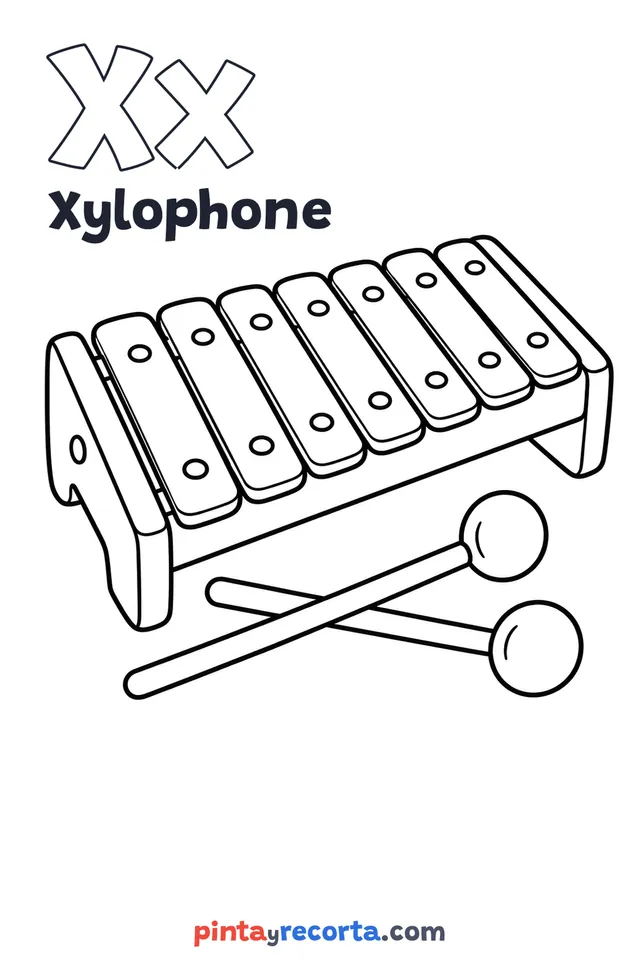 Xylophone coloring page with the letter Xx and the word Xylophone, easy level