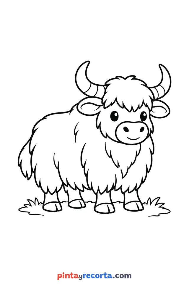 Yak coloring page: full body in a calm pose, easy level with thick outlines and big spaces