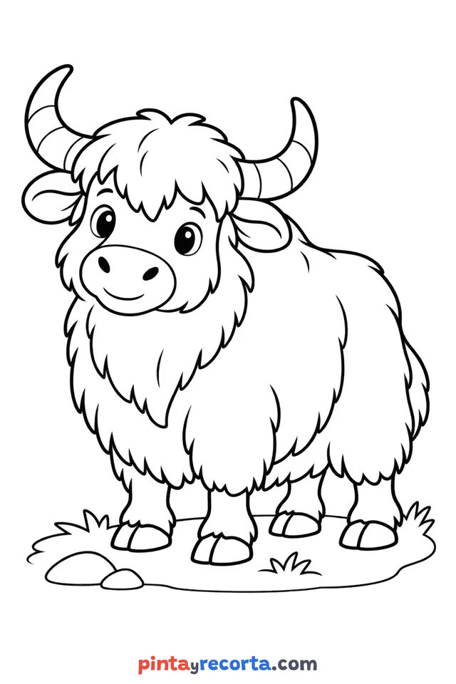 Dibujo de yak para colorear de cuerpo completo en pose tranquila, nivel básico con trazos gruesos y áreas grandes