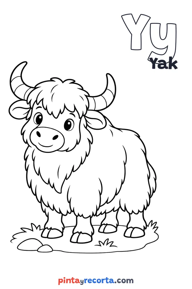 Dibujo de yak para colorear con la letra Yy y la palabra Yak, nivel básico