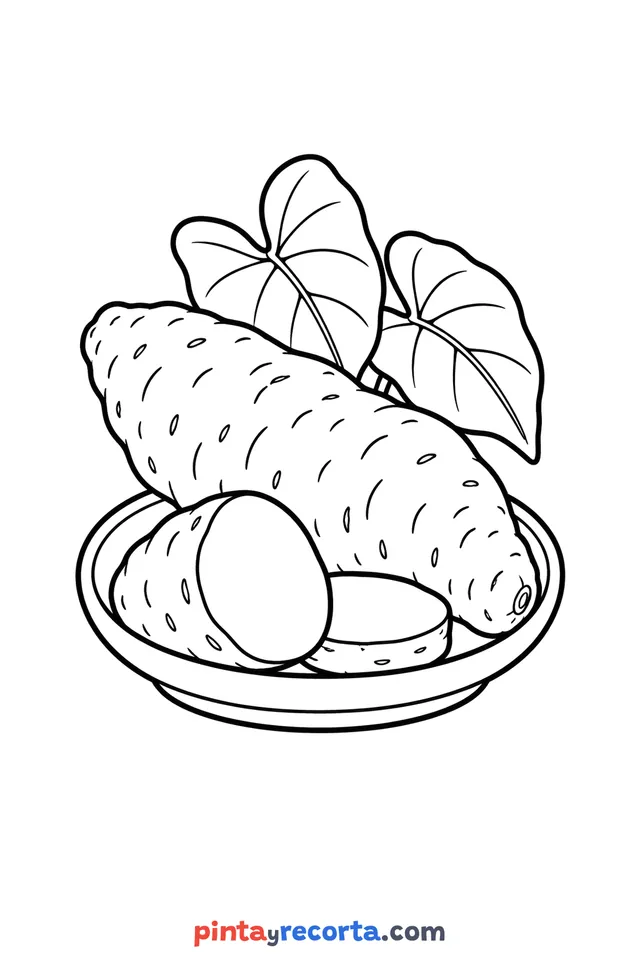 Yam coloring page: on a plate next to its leaves, easy level with thick outlines and big spaces