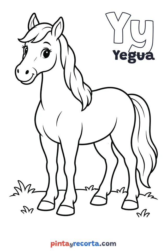 Dibujo de yegua para colorear con la letra Yy y la palabra Yegua, nivel básico