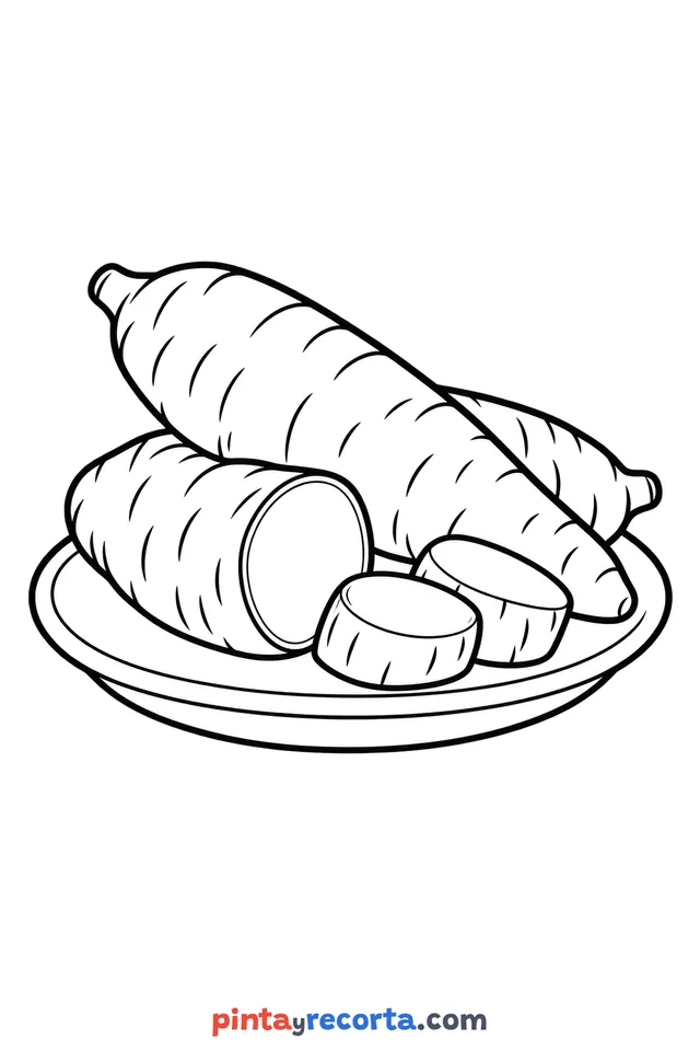 Dibujo de yuca para colorear sobre un plato, nivel básico con trazos gruesos y áreas grandes