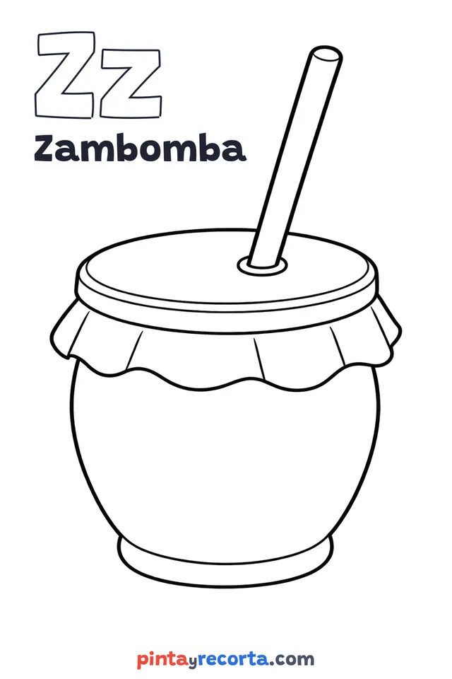 Dibujo de zambomba para colorear con la letra Zz y la palabra Zambomba, nivel básico