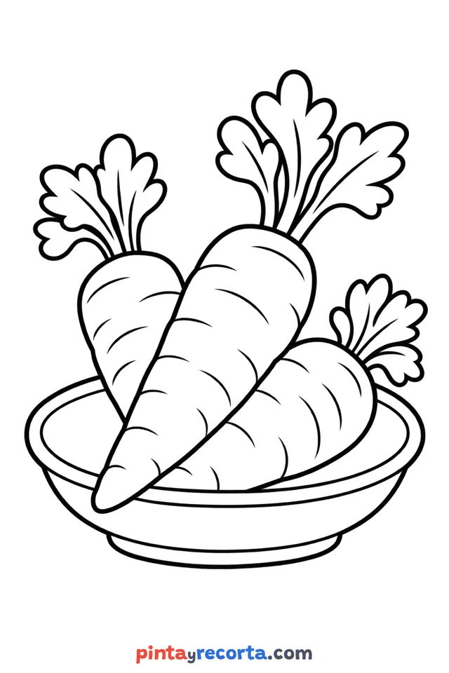 Dibujo de zanahoria para colorear sobre un plato, nivel básico con trazos gruesos y áreas grandes