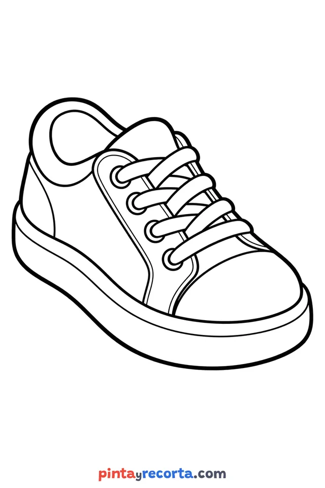 Dibujo de zapato para colorear en vista de tres cuartos, nivel básico con trazos gruesos y áreas grandes
